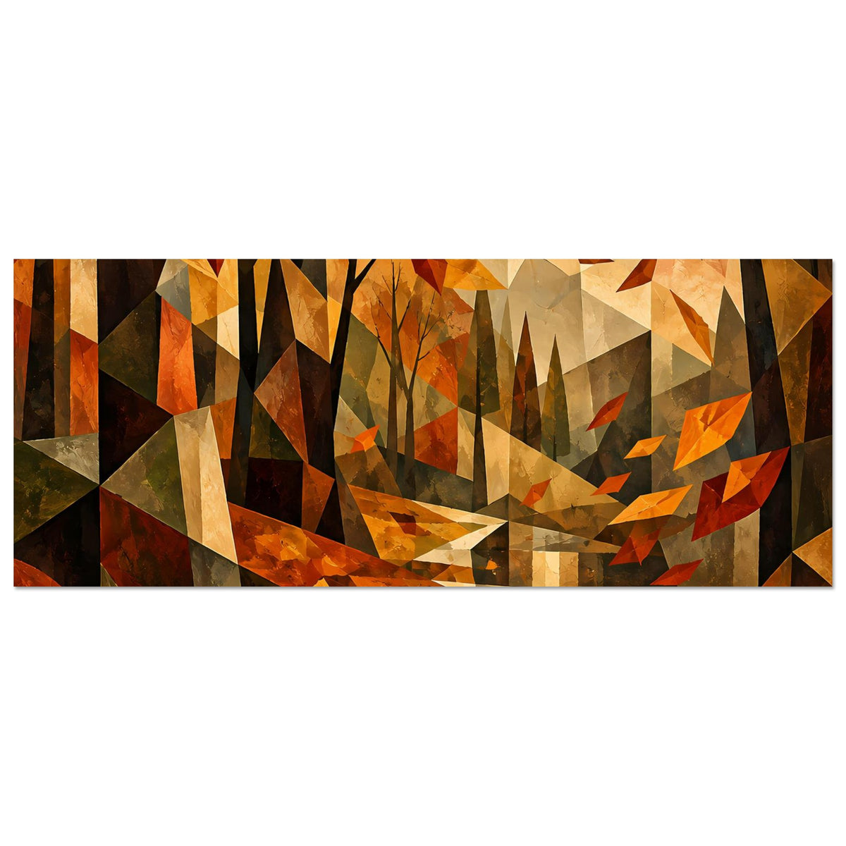 Kubistisches Herbstlandschafts-Poster (horizontal): stilisierte Bäume, helle Sonne, warme Orange-Töne