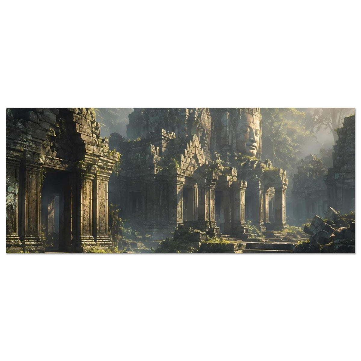 Horizontales Poster mit Tempelruinen, verwitterte Wände und überwucherte Treppen