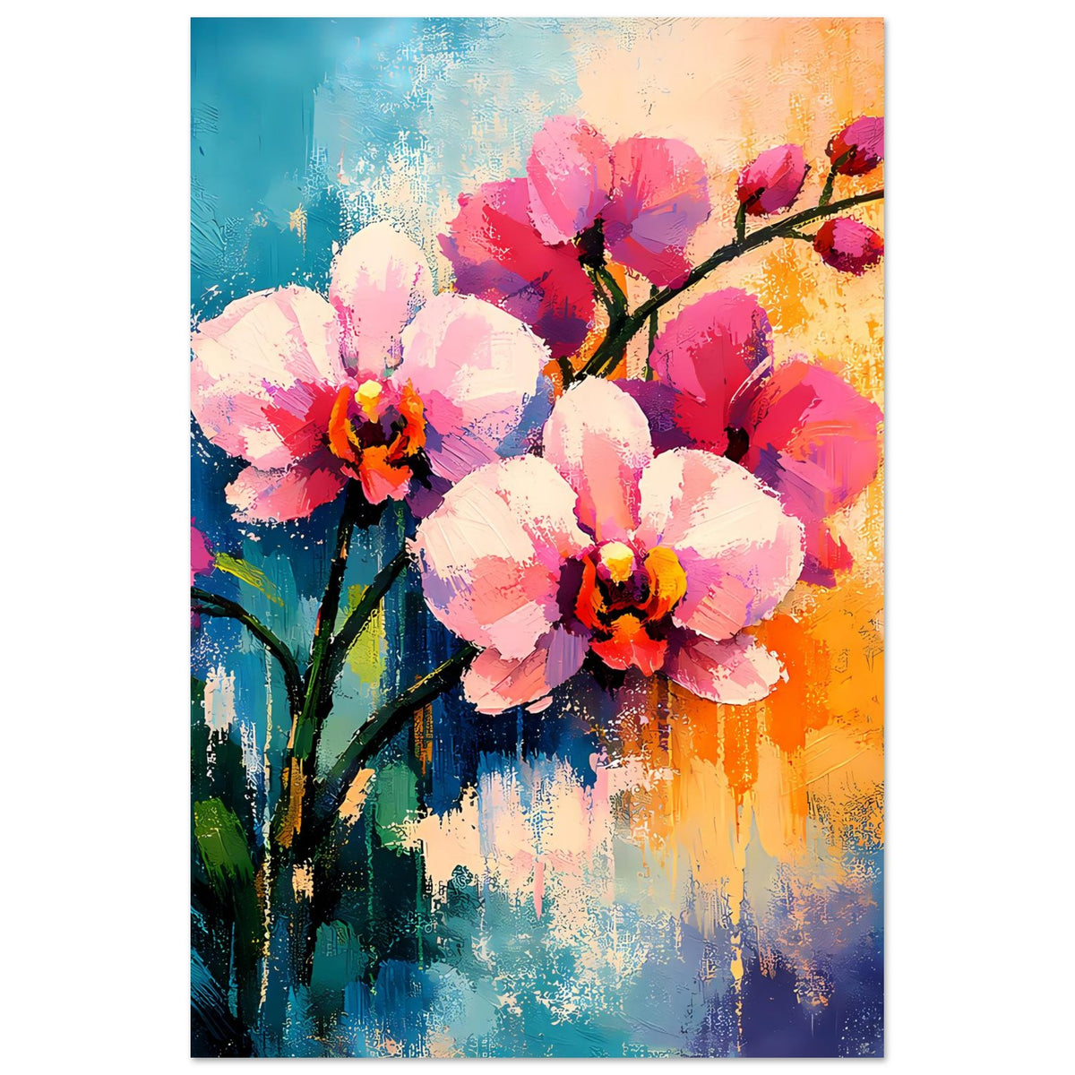 Blumenposter mit mehreren rosafarbenen Blüten und dunklem Ast, gemaltes Farbspektrum