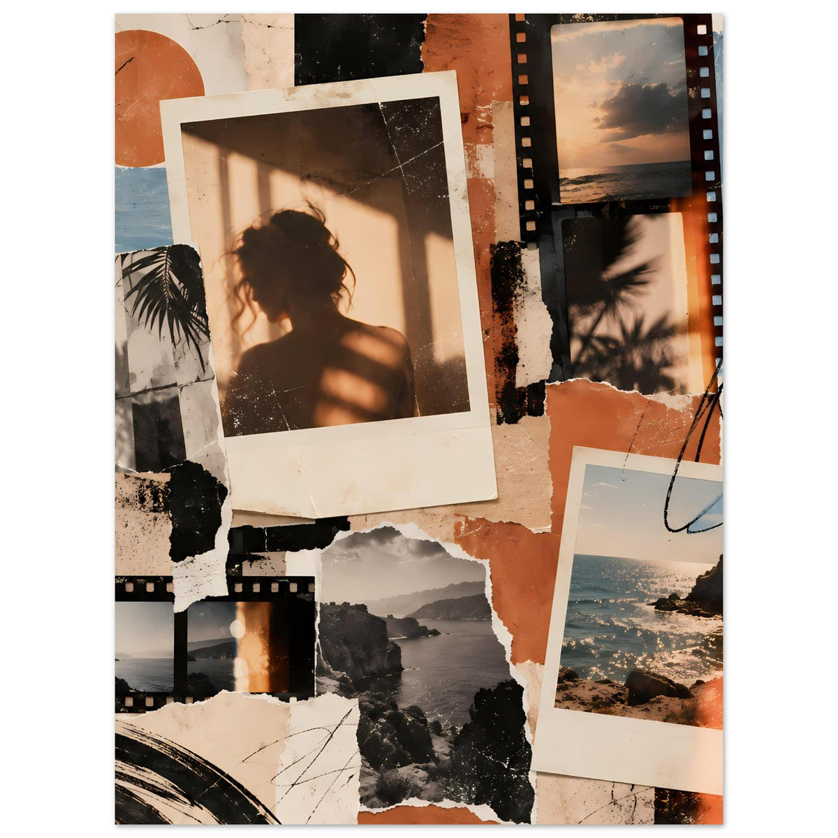 Collage-Poster mit Fotoprints, Filmstreifen und Meer-/Himmelsmotiven in kräftigen Akzenten