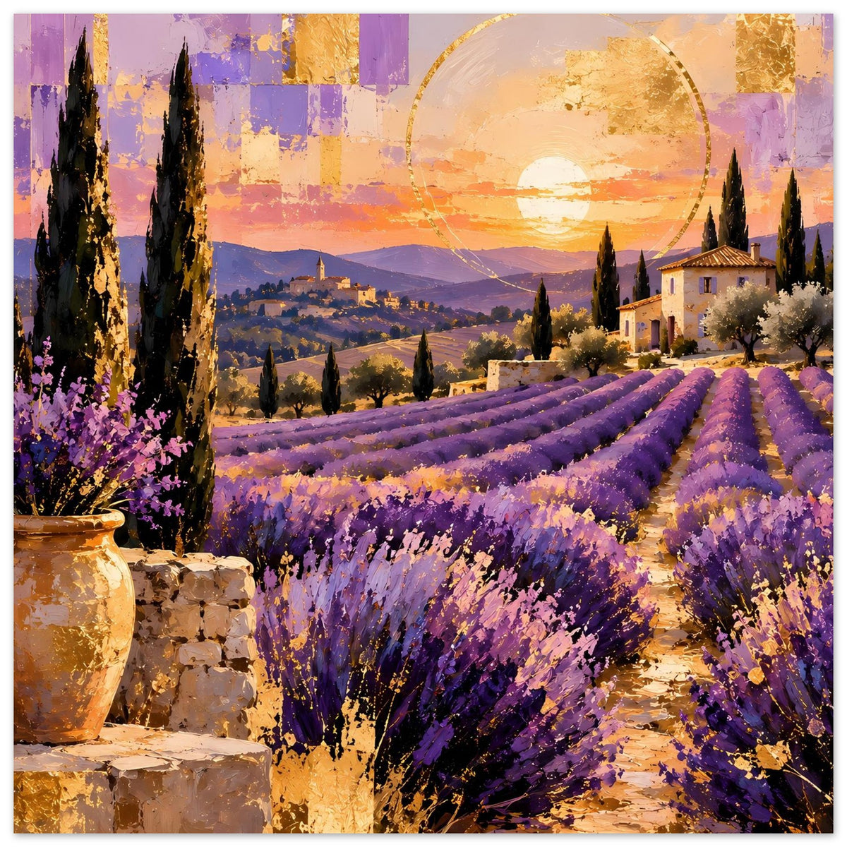 Poster mit Lavendelfeld und Abendhimmel, goldener Sonnenscheibe, Zypressen und Haus