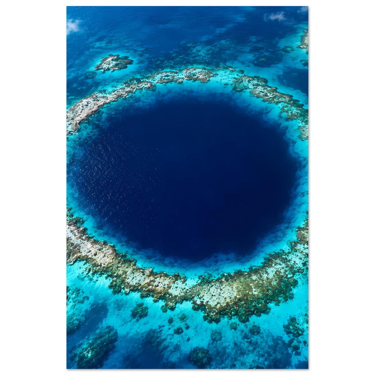 Unterwasser-Poster im Hochformat: blaues Meeresauge mit Korallenring und dunklem Zentrum