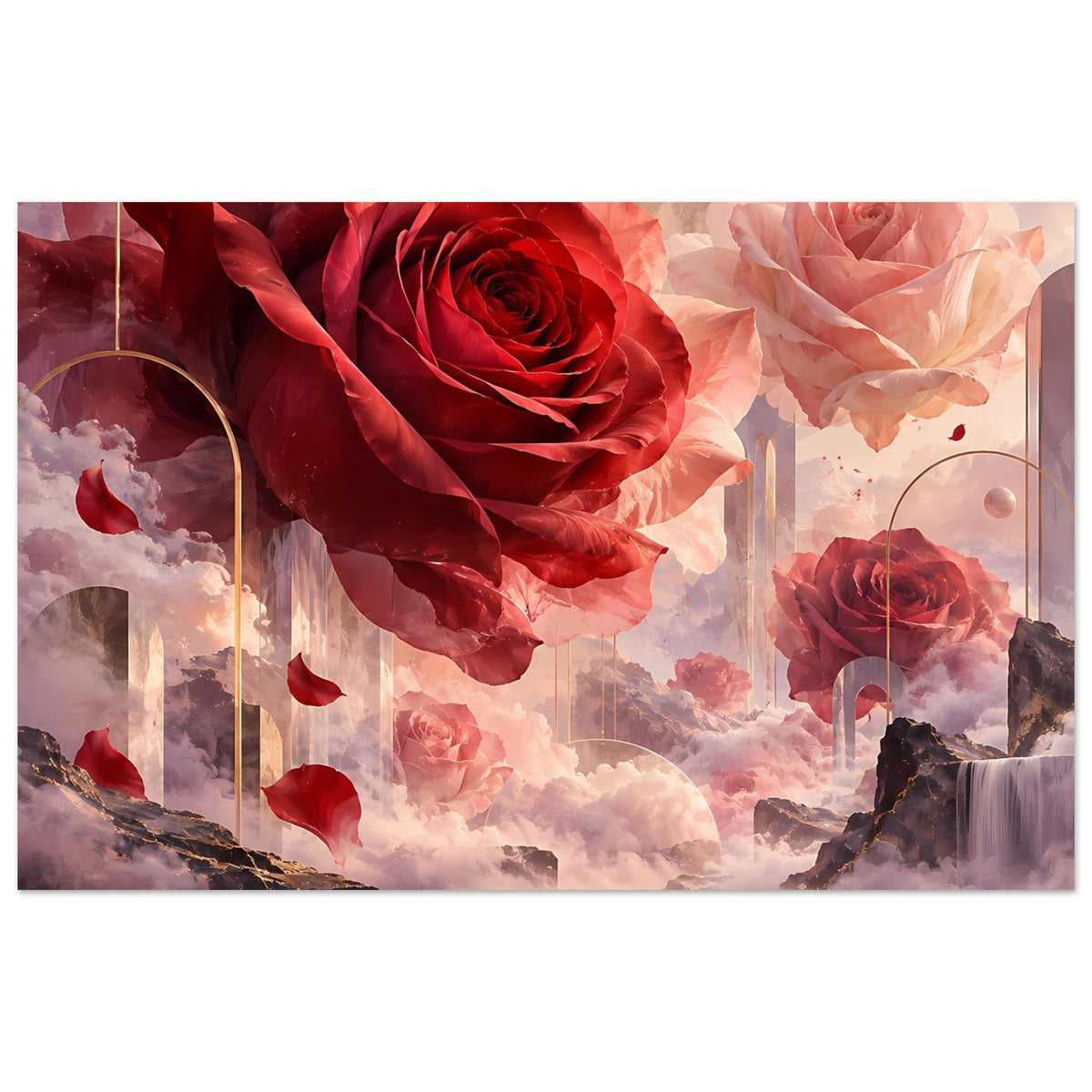 Poster mit roten und rosafarbenen Rosen und surrealer Wolkenlandschaft