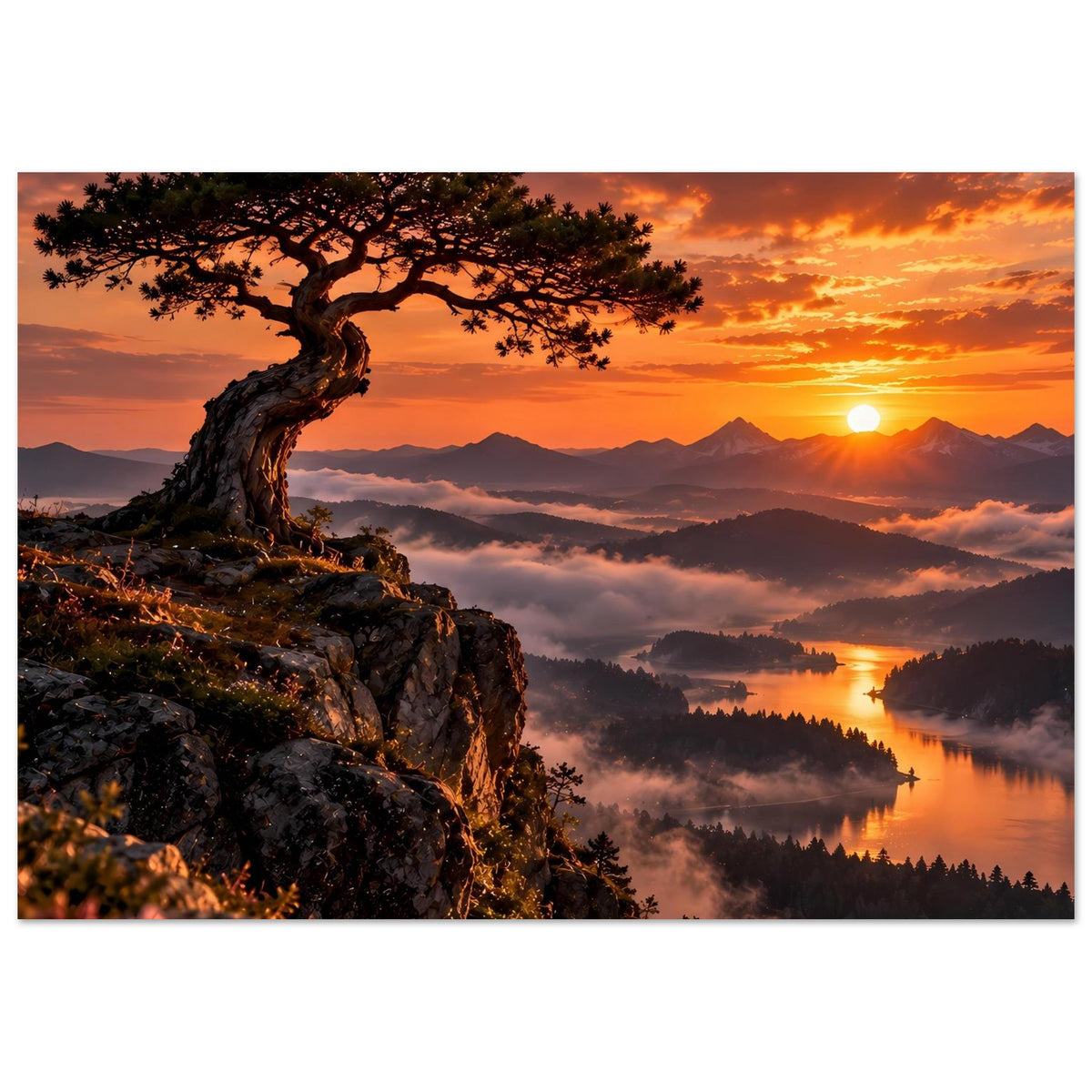 Poster im Querformat: Baum und Felsen links, Sonnenaufgang über Bergen, See mit Nebel.