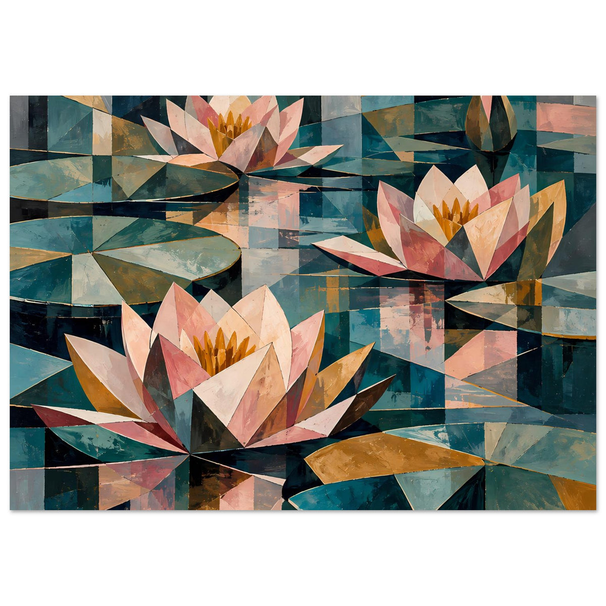 Blumenposter mit geometrischen Seerosen in Petrol und Pastellfarben, mit Rahmen