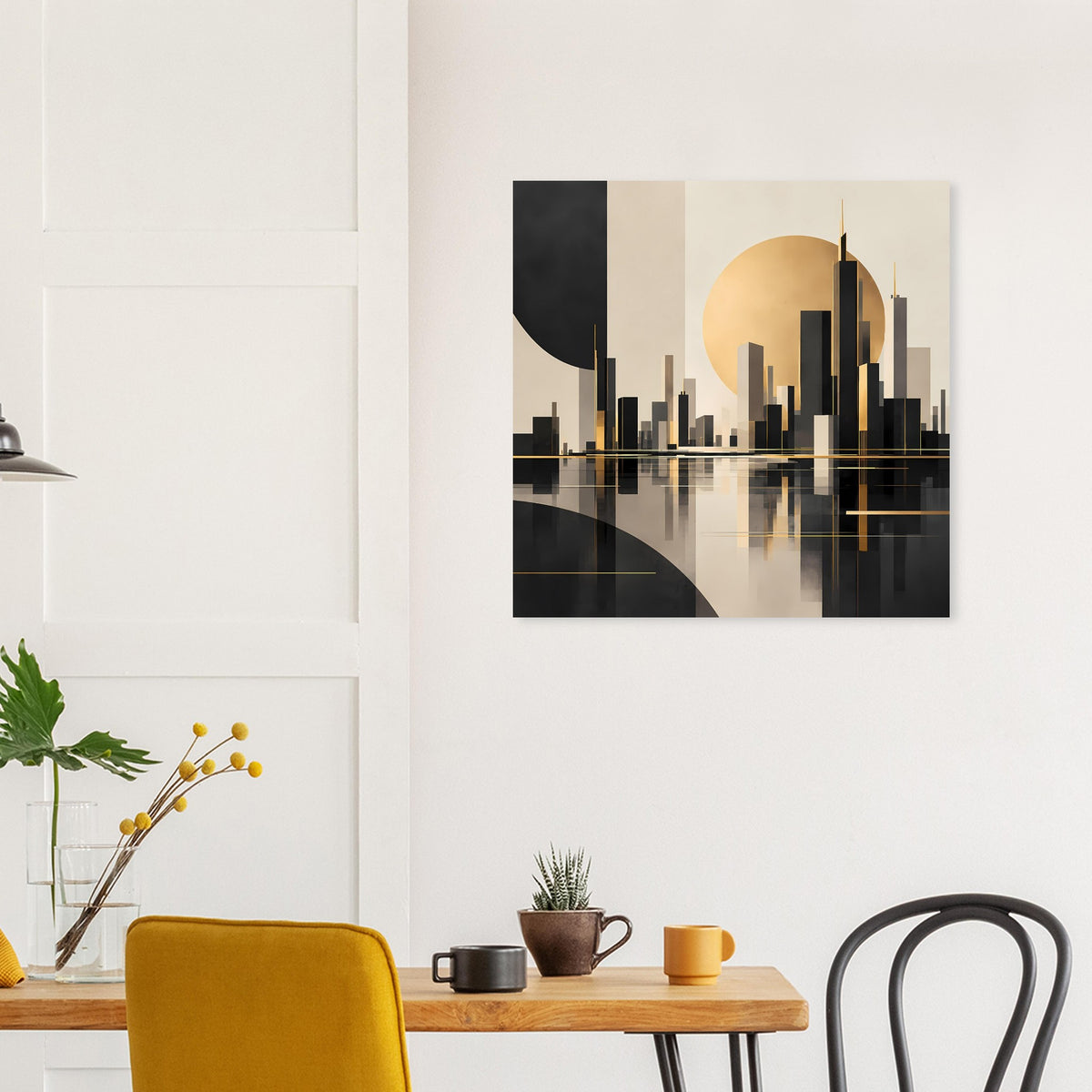 Poster mit abstrakter Stadtlandschaft in Gold, Schwarz und Beige