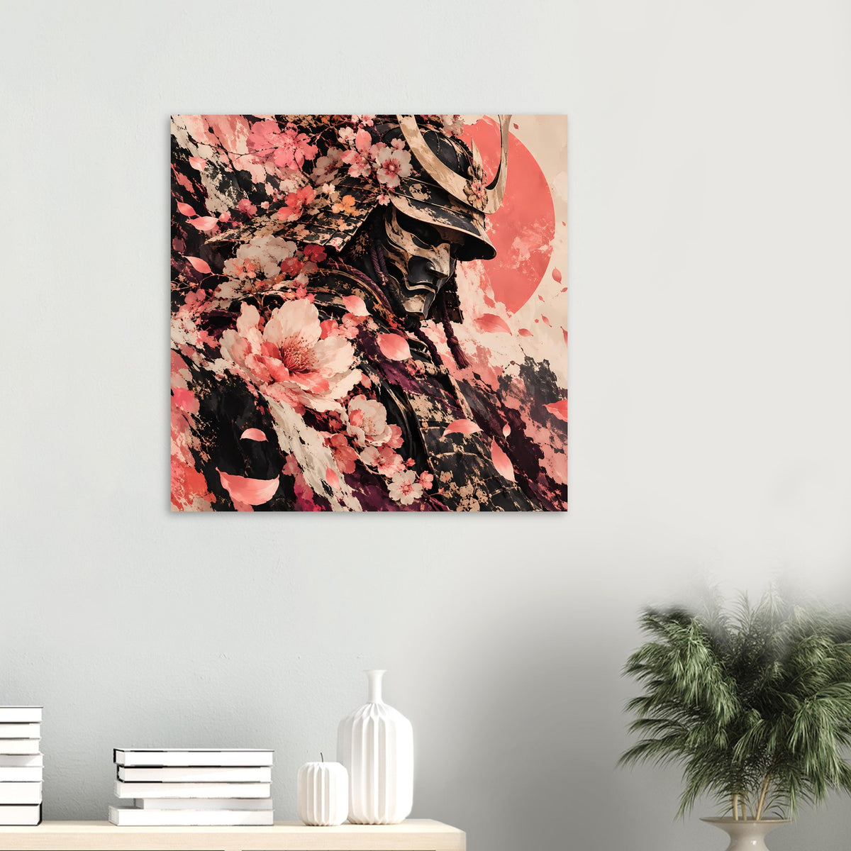 Quadratisches Poster mit Samuraihelm und Kirschblüten, rosa Akzente auf dunklem Motiv