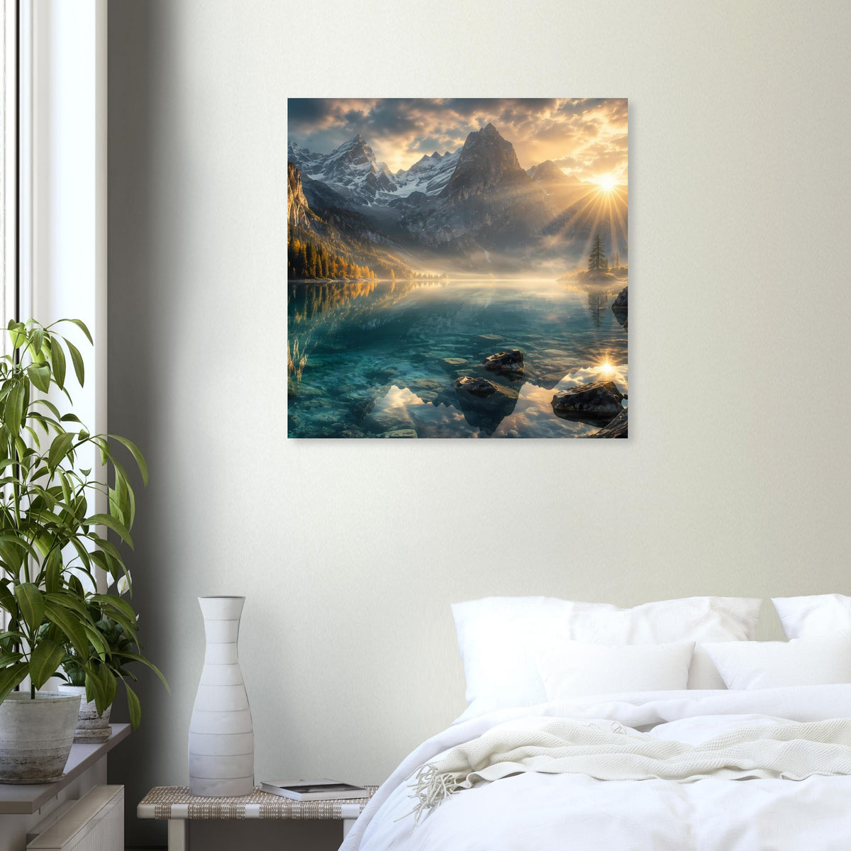 Quadratisches Poster mit Bergsee und Sonnenaufgang, gerahmt an weißer Wand über Bett