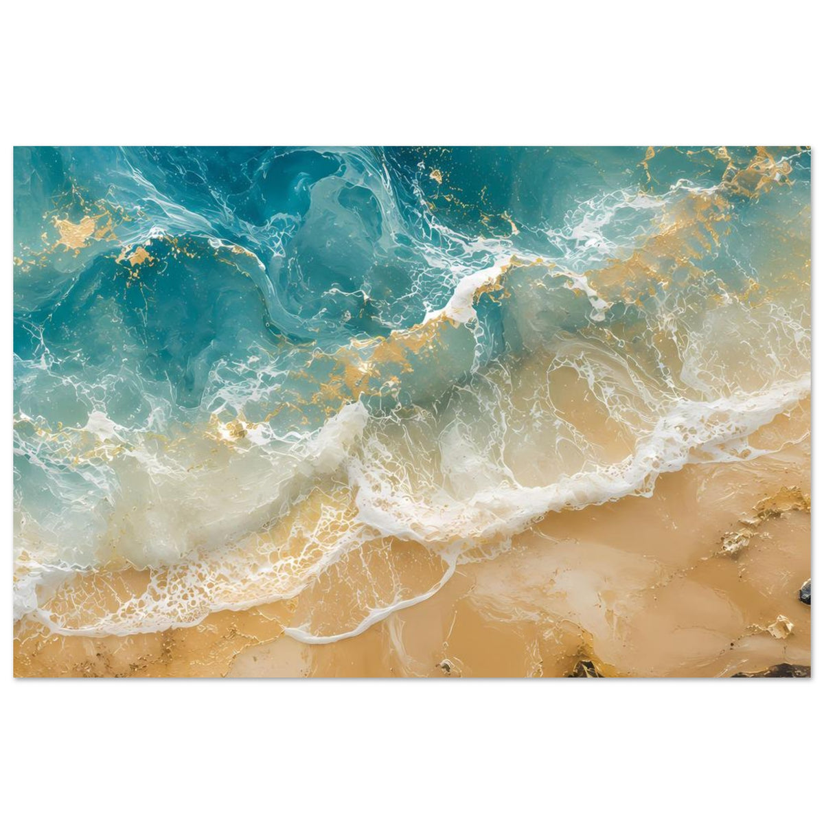 Gerahmtes Poster: kräftige Meereswellen mit weißem Schaum und sandigem Strand