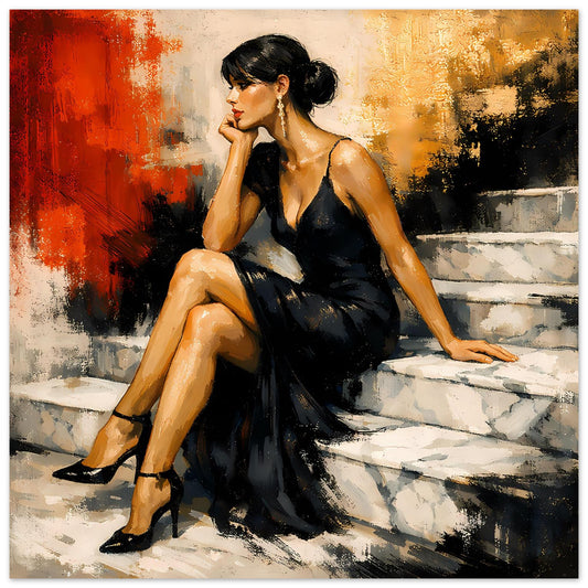 Poster mit sitzender Frau im schwarzen Abendkleid, Blick zur Seite, auf Stein-Treppen