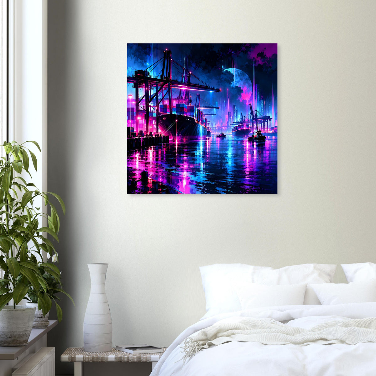 Neon-Hafenposter an heller Wand mit blauem Lichterhafen und pinken Akzenten