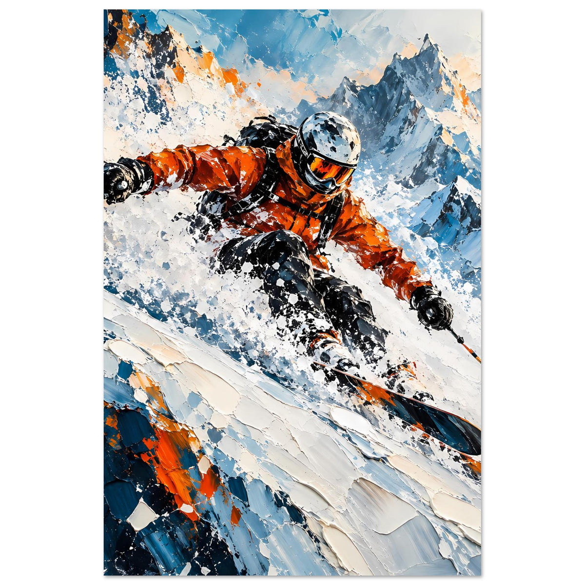 Wintersport-Poster im Hochformat: Skifahrer in Orange, kräftige Farbakzente in Blau
