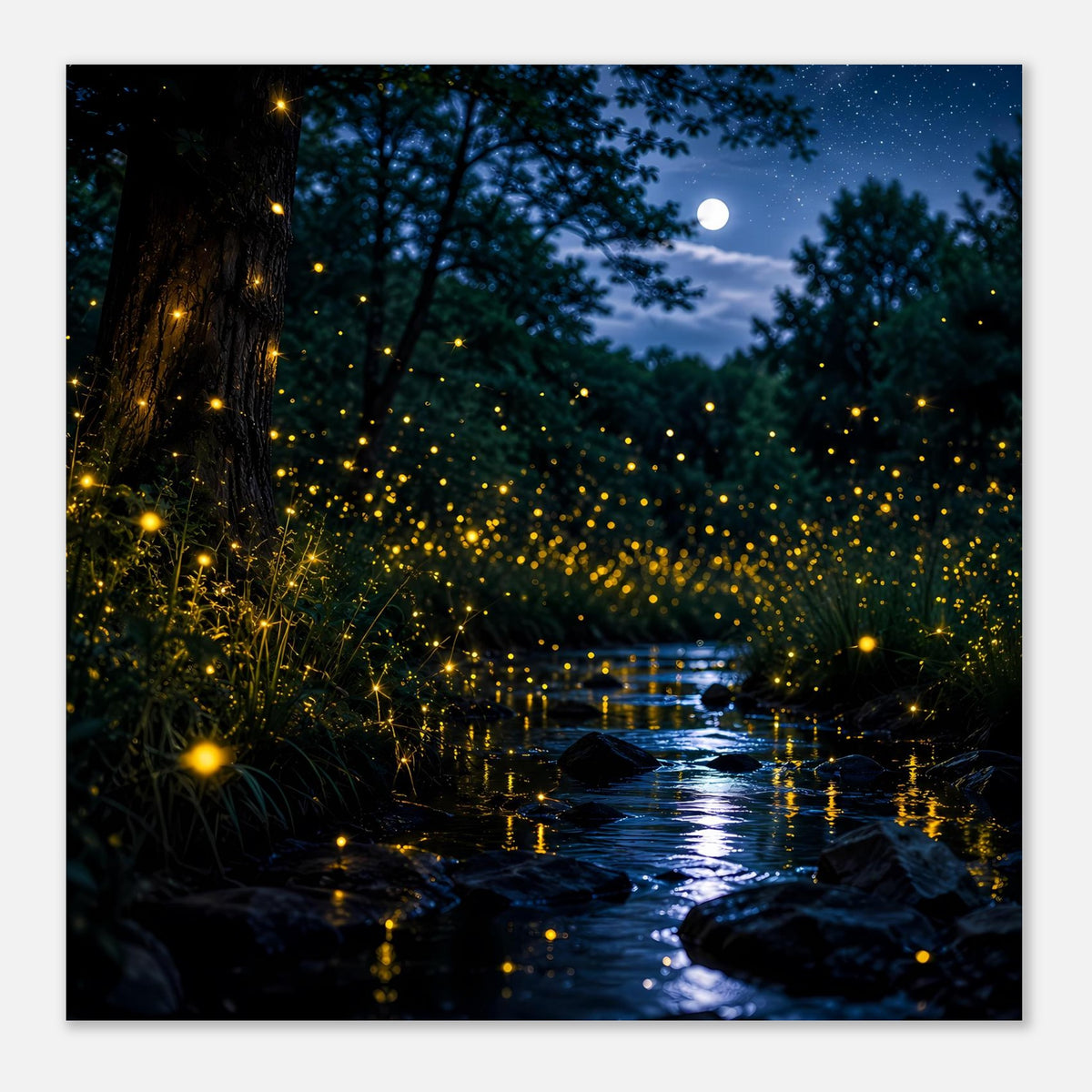 Leuchtposter (quadratischer Ausschnitt): nächtlicher Fluss mit vielen gelben Lichtpunkten