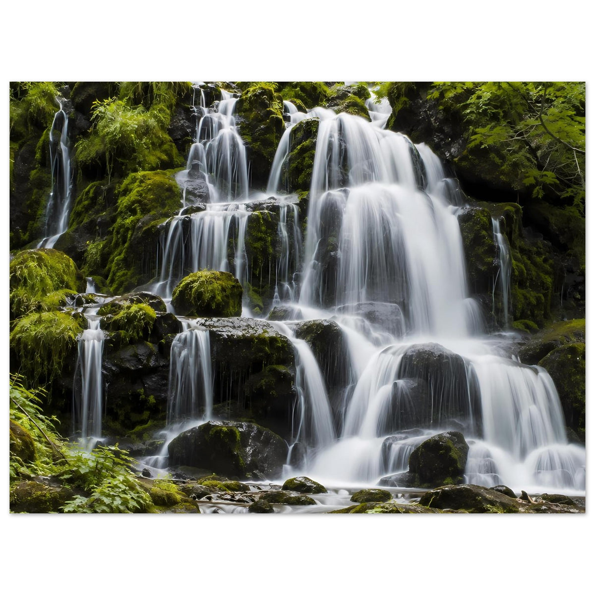 Wasserfall-Poster mit kaskadierenden Wasserfällen und Moospolstern, vertikal