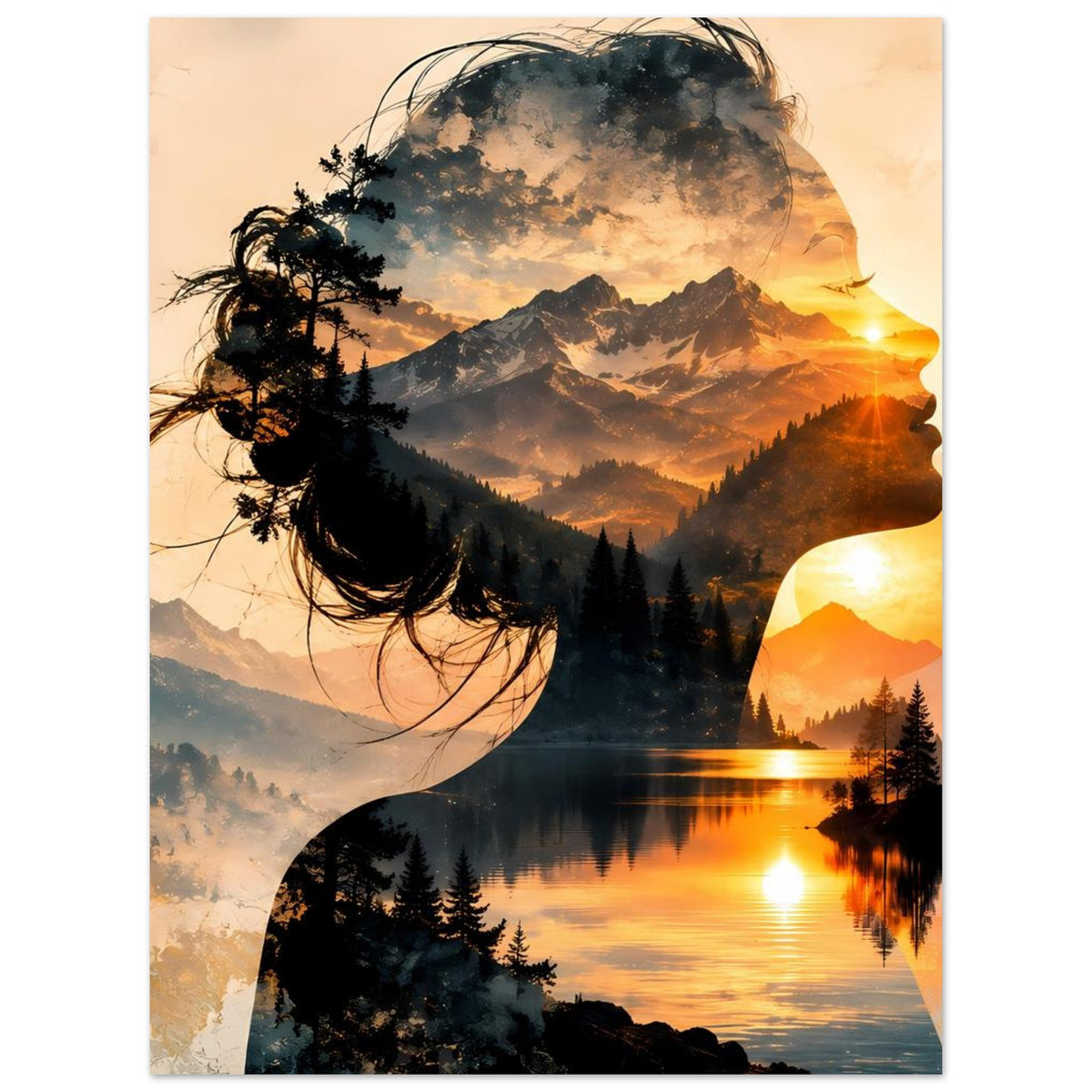 Wandposter mit Frauensilhouette im Profil, Doppelbelichtung mit Bergsee, Sonne und Bergen