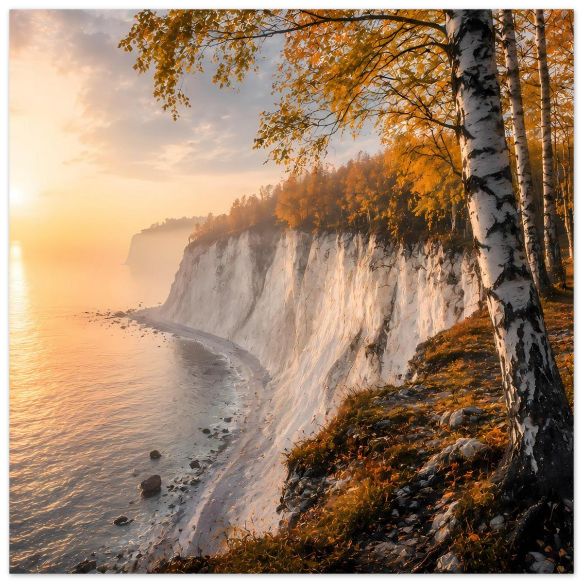 Herbstliches Landschafts-Poster mit Birken am Steilufer, Felsen und goldenem Dämmerungslicht