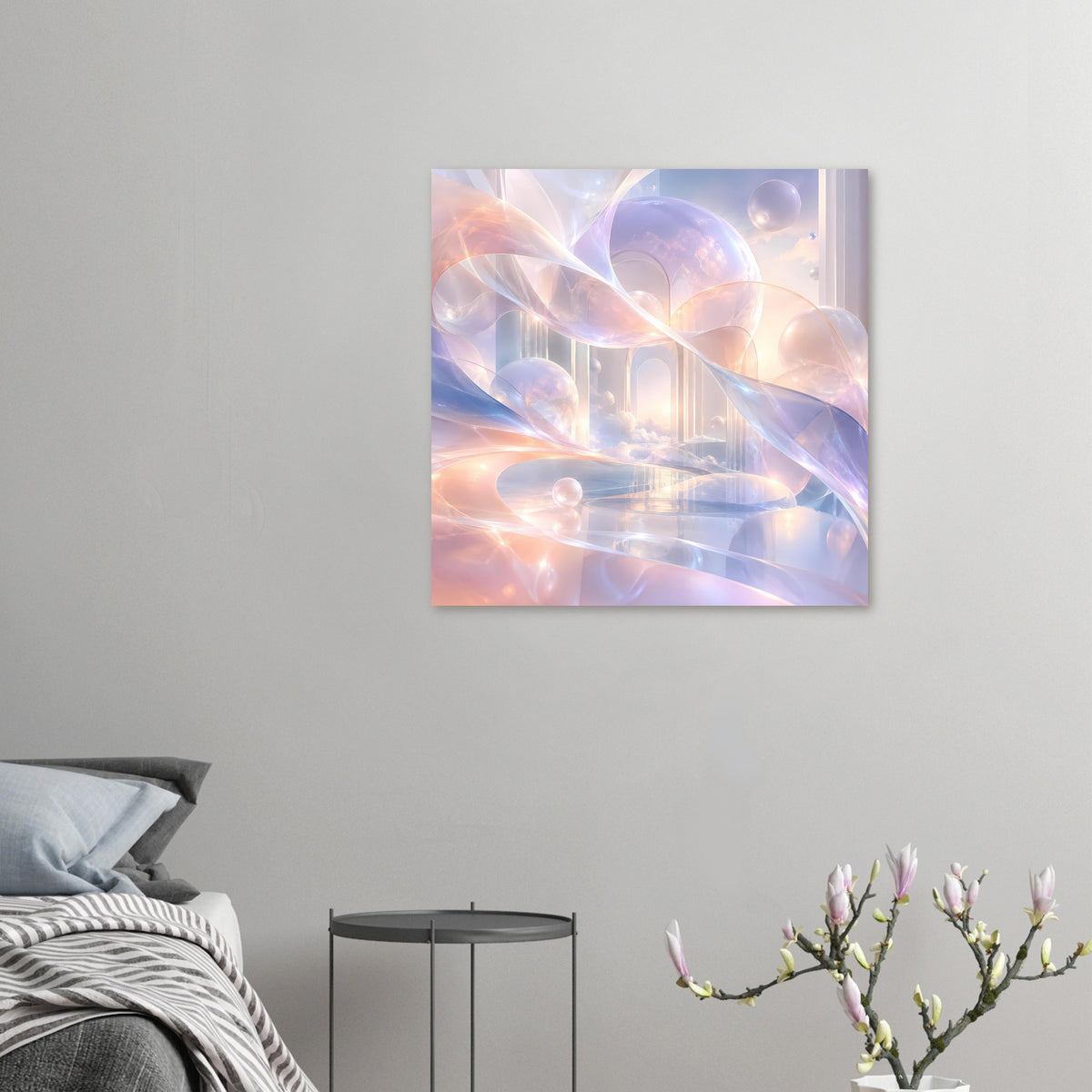Quadratischer Kunstdruck mit pastellfarbenen Lichtbändern, schwebenden Kugeln und Säulenarchitektur