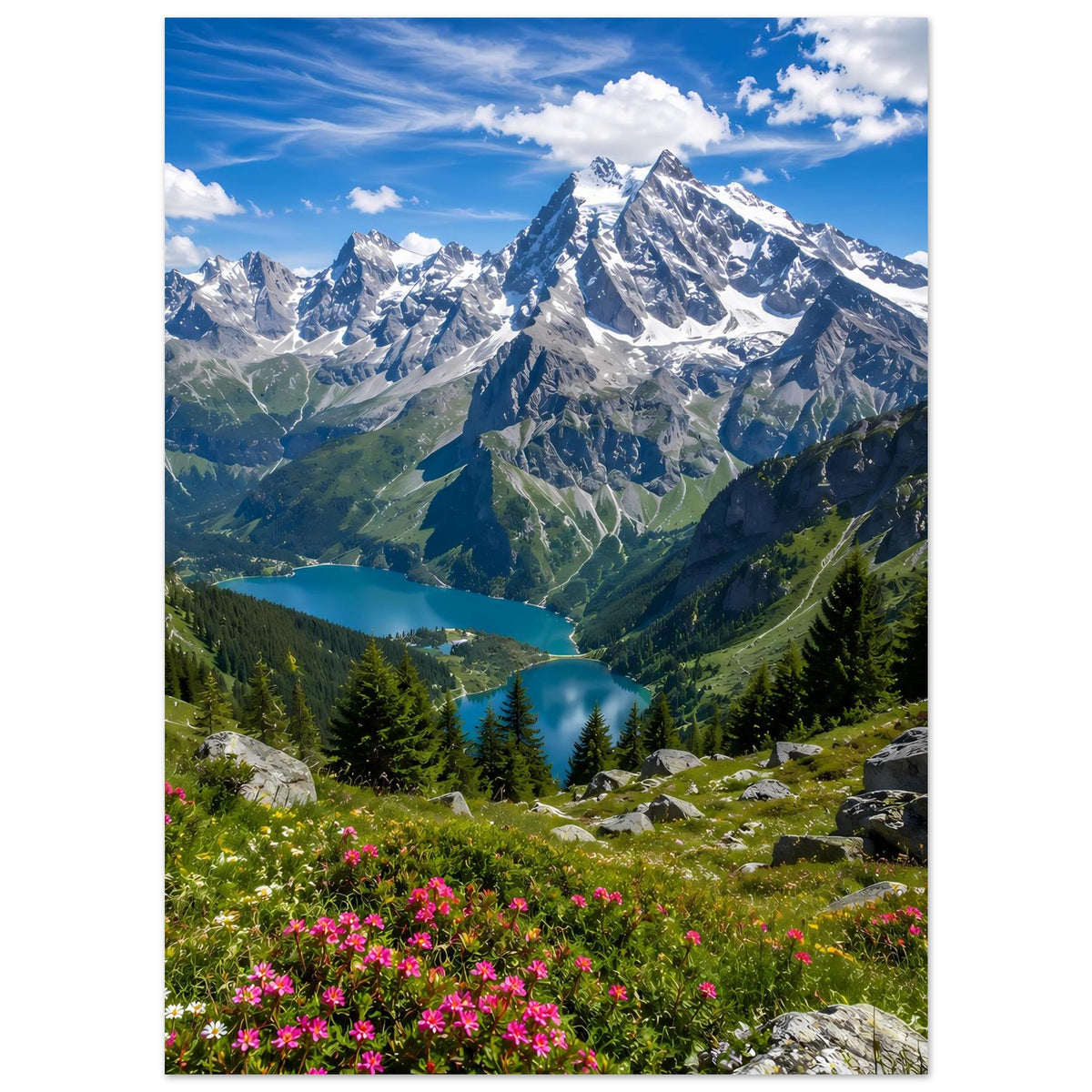Alpenlandschaftsposter mit schneebedeckten Bergen, Grünwald und pinkem Blumenbeet im Vordergrund