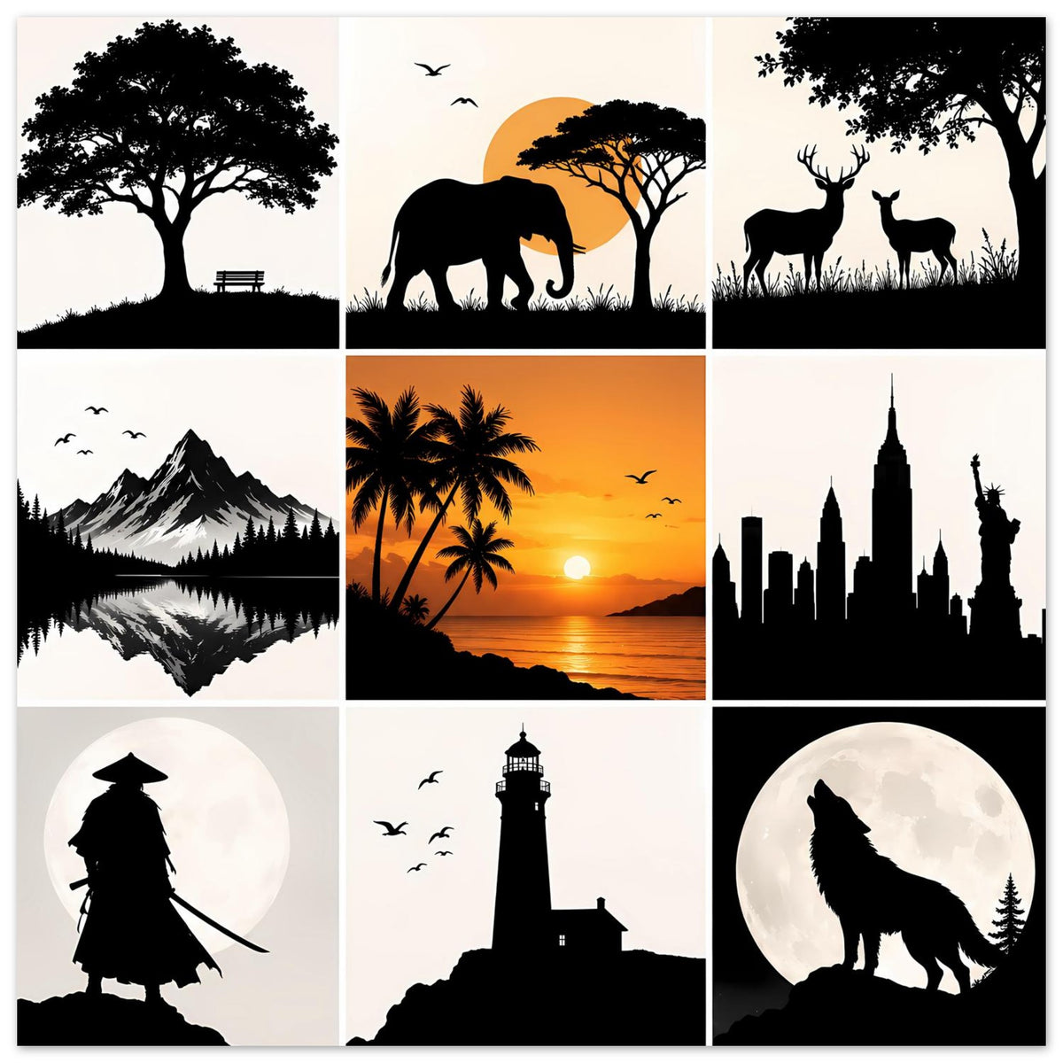 Kunstdruck-Poster mit neun Schwarzweiß-Motiven: Bäume, Elefant, Hirsch, Berge, Schloss und Skyline