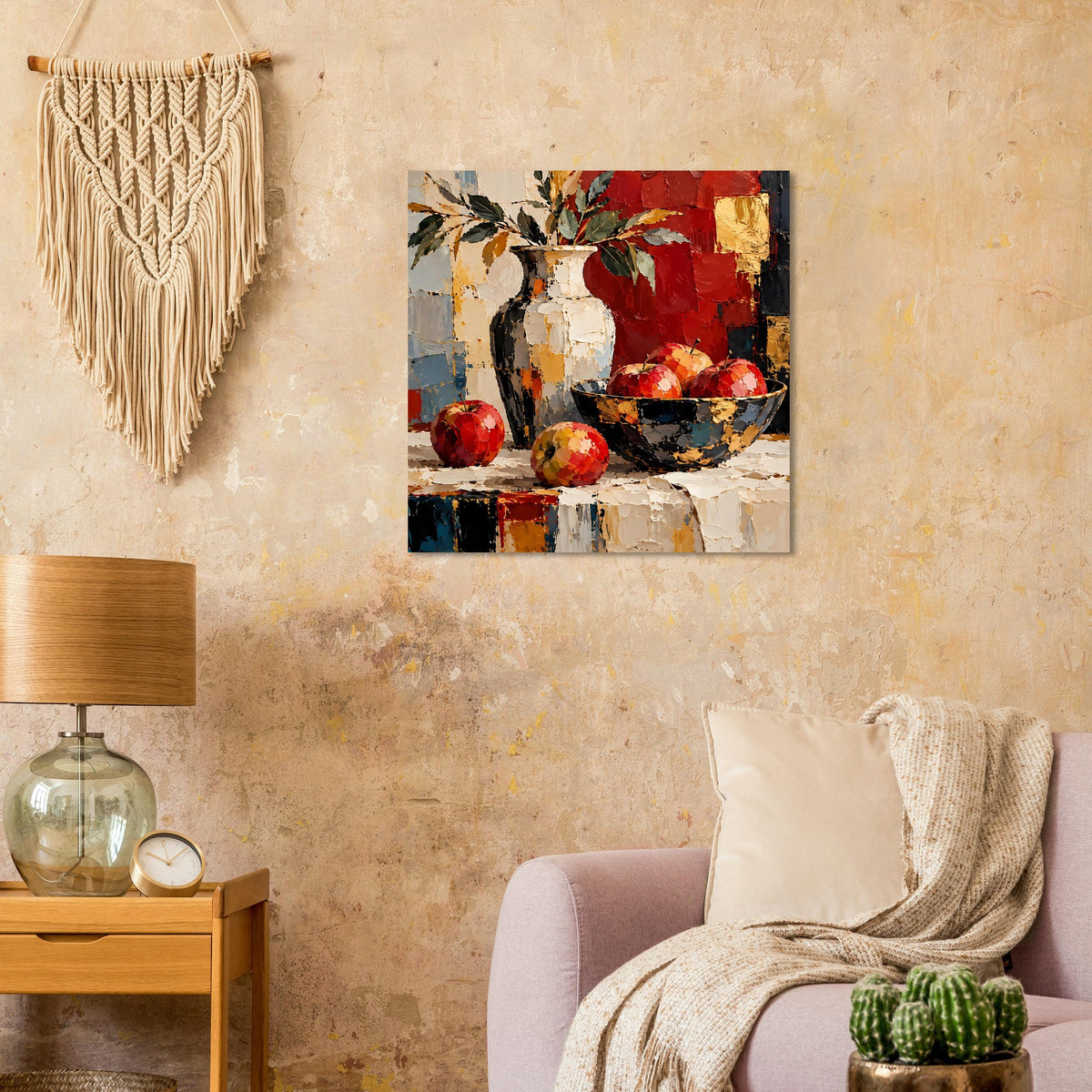 Gerahmtes Kunstposter Stillleben: weiße Vase, rote Früchte und dunkle Schale in Rottönen