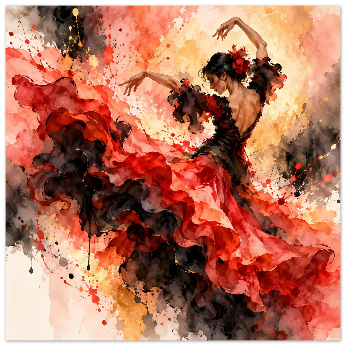 Flamenco-Tanzposter: Tänzerin in Rot und Schwarz, Arme oben, wallender Rock