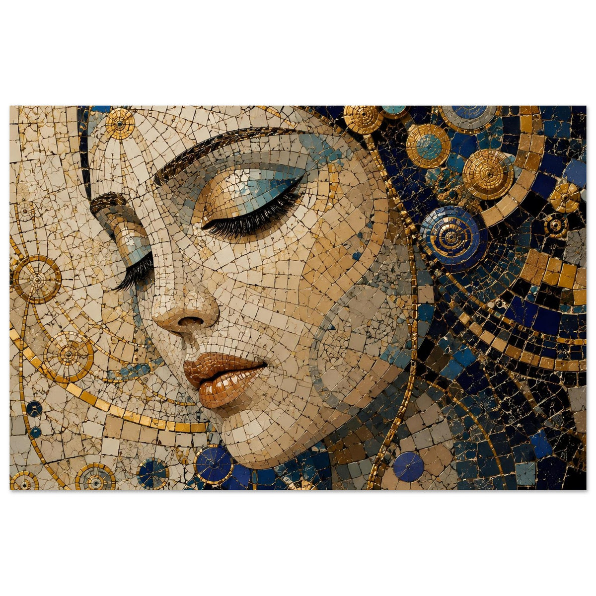 Horizontales Poster: Mosaik-Porträt einer Frau, blau-goldene Kreise und Gesicht im Fokus