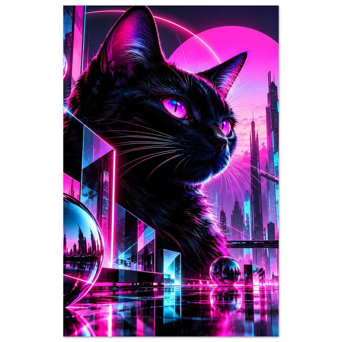 Neon-Cat-Poster mit schwarzem Katerkopf und violettem Leuchten, Cyberpunk-Skyline im Hintergrund