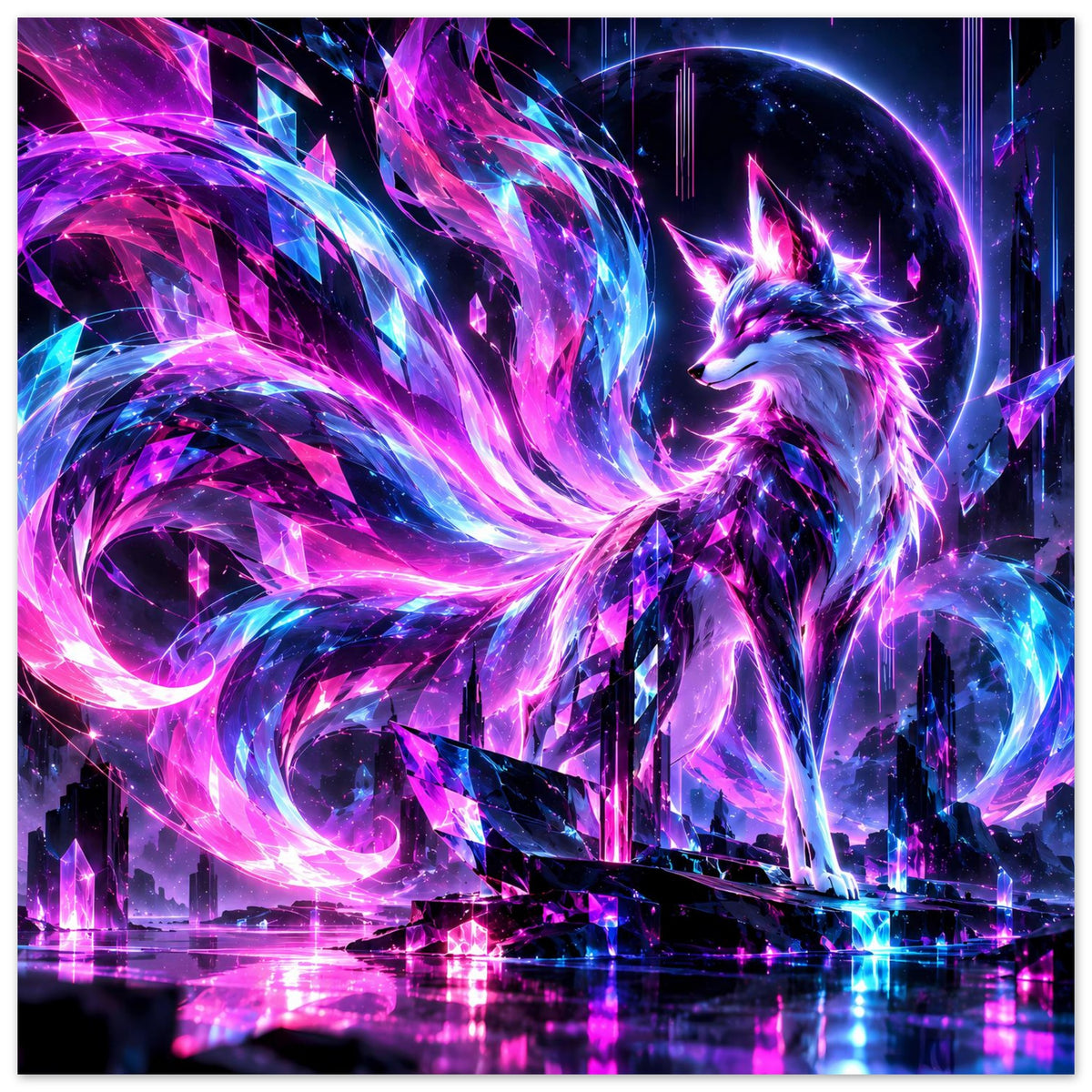 Leuchtendes Neon-Fuchs-Fantasy-Poster, horizontales Motiv: Fuchs mit pink-blauem Licht und Glitzereffekten