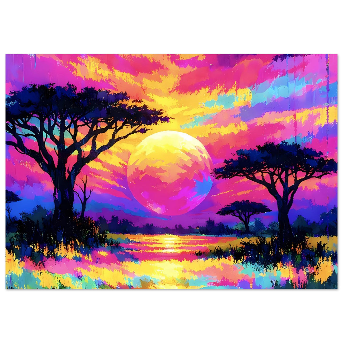 Neon-Landschaftsposter mit Sonne über See, bunten Wolken und dunklen Baumkronen