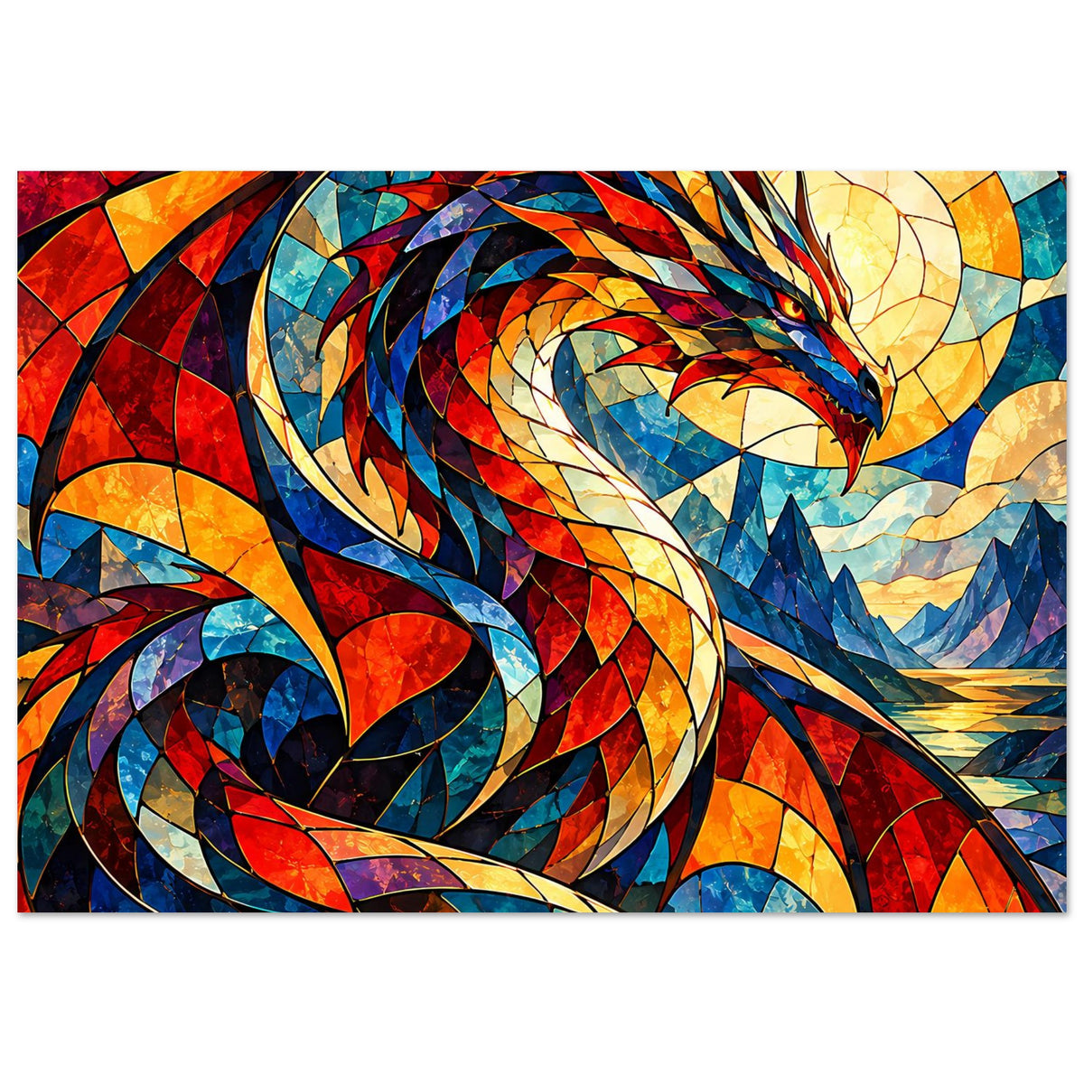 Drachen-Glasmalerei Poster im Querformat: Drache mit Sonnenkreis und türkisfarbenen Bergen
