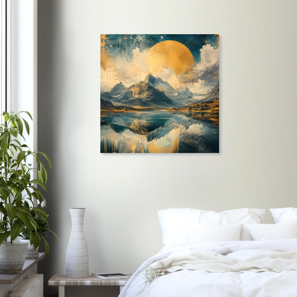 Wandposter mit Berg- und Seelandschaft, Blau-Gold, rundes Mondmotiv in Wolken