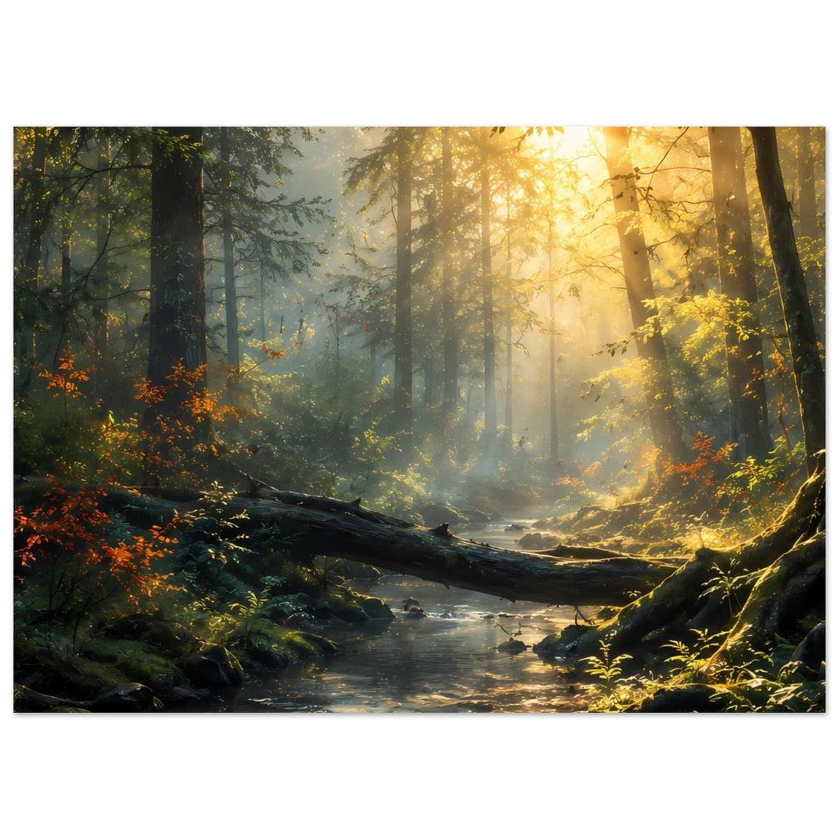Waldfluss-Poster im Querformat: Bach im Wald, warmes Licht zwischen dichtem Baumbestand