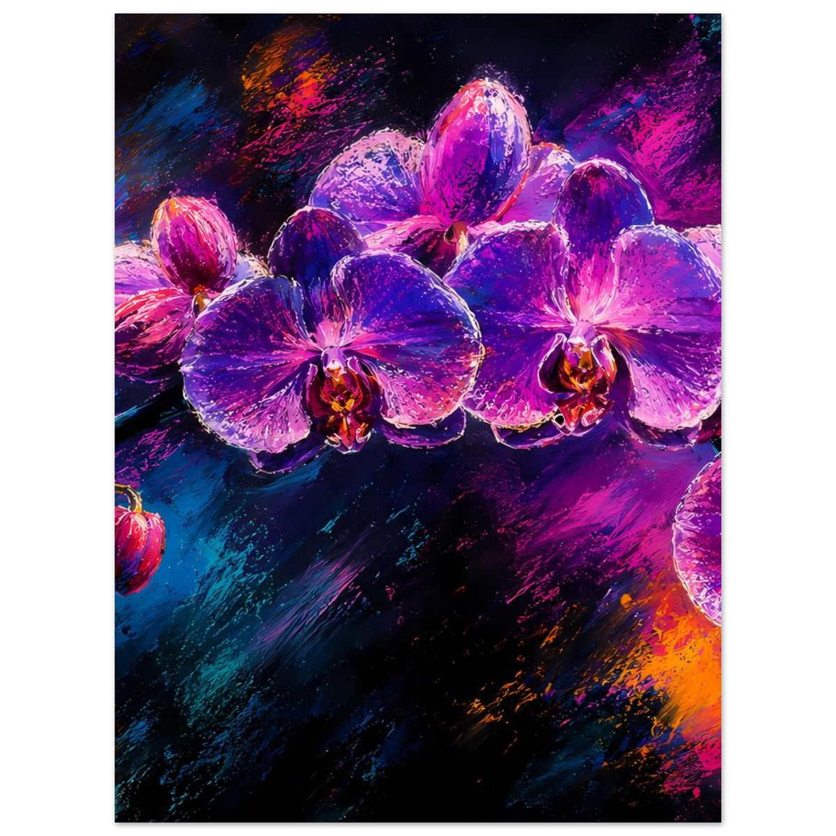 Blumenposter mit violetten Orchideenblüten und leuchtenden Farbspritzern