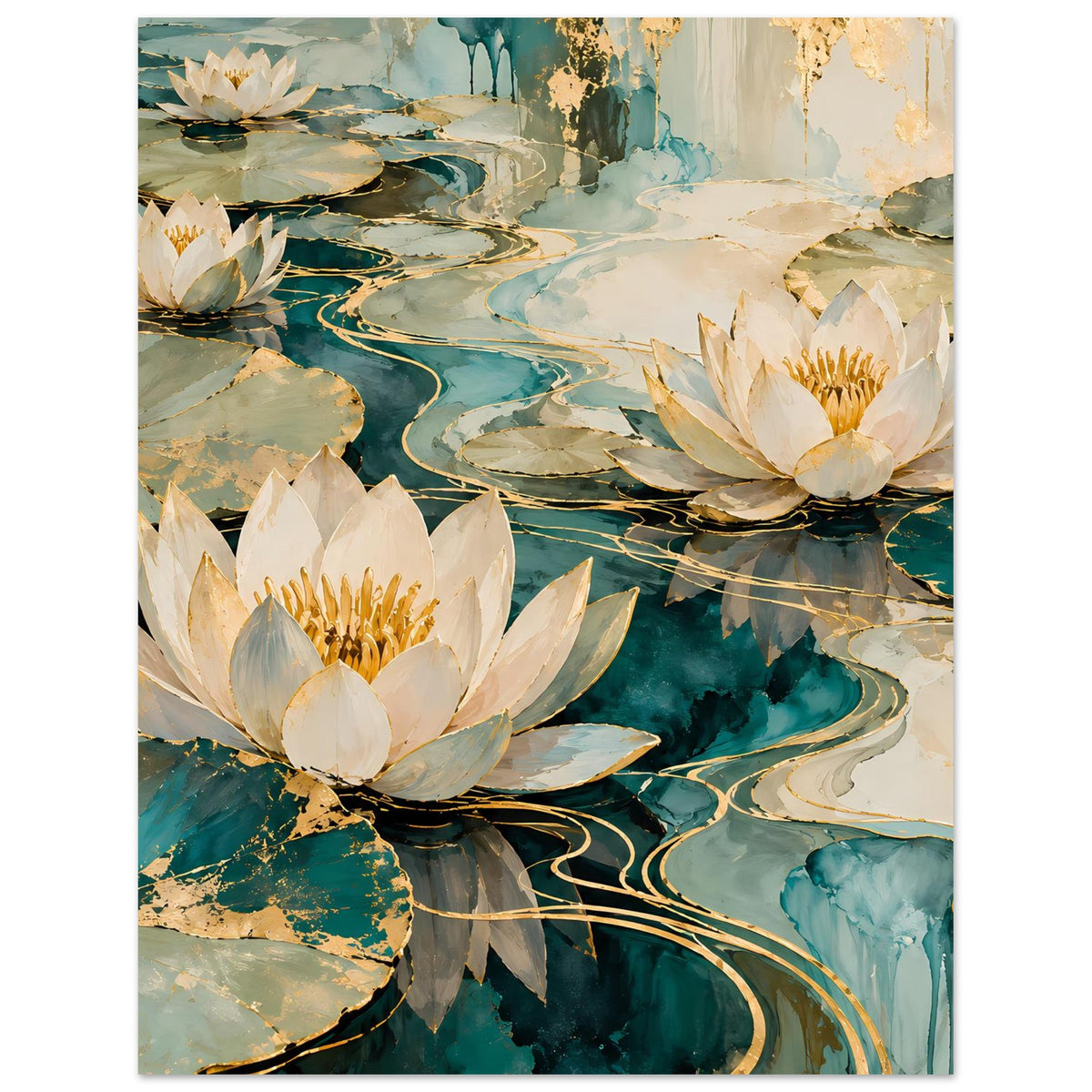 Lotusblüten-Wandposter mit weißen Seerosen, abstrakten Wellen und goldenen Akzenten