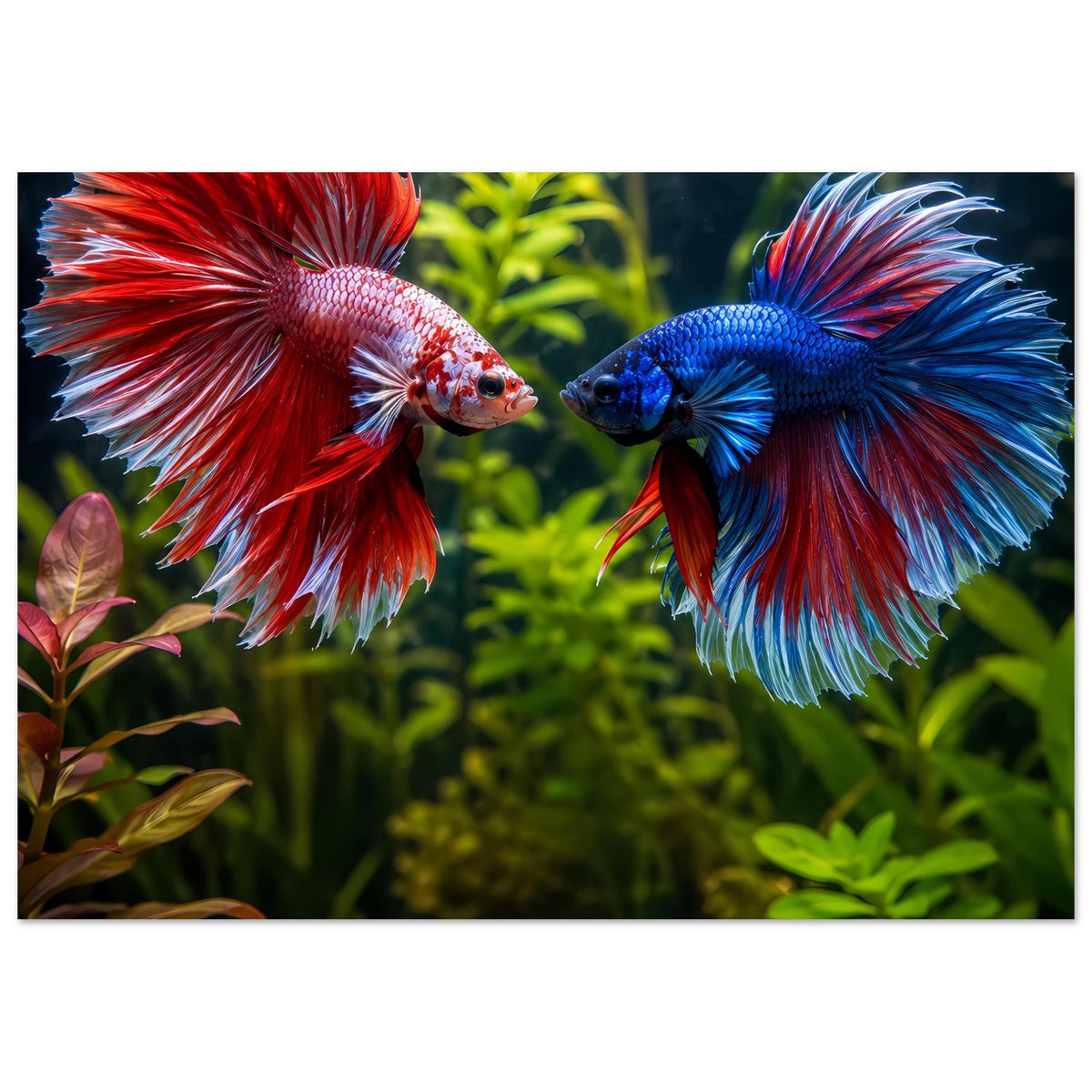 Poster im Querformat mit zwei Kampffischen: roter und blauer Betta, gegenüber im Pflanzenmeer