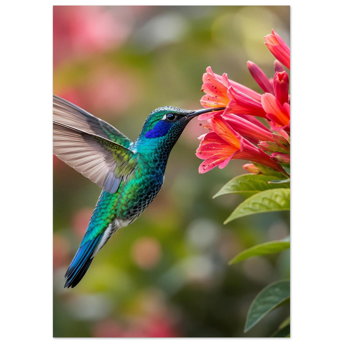 Naturposter mit Kolibri und rosa Blüten, hochkant mit sichtbarem Rand