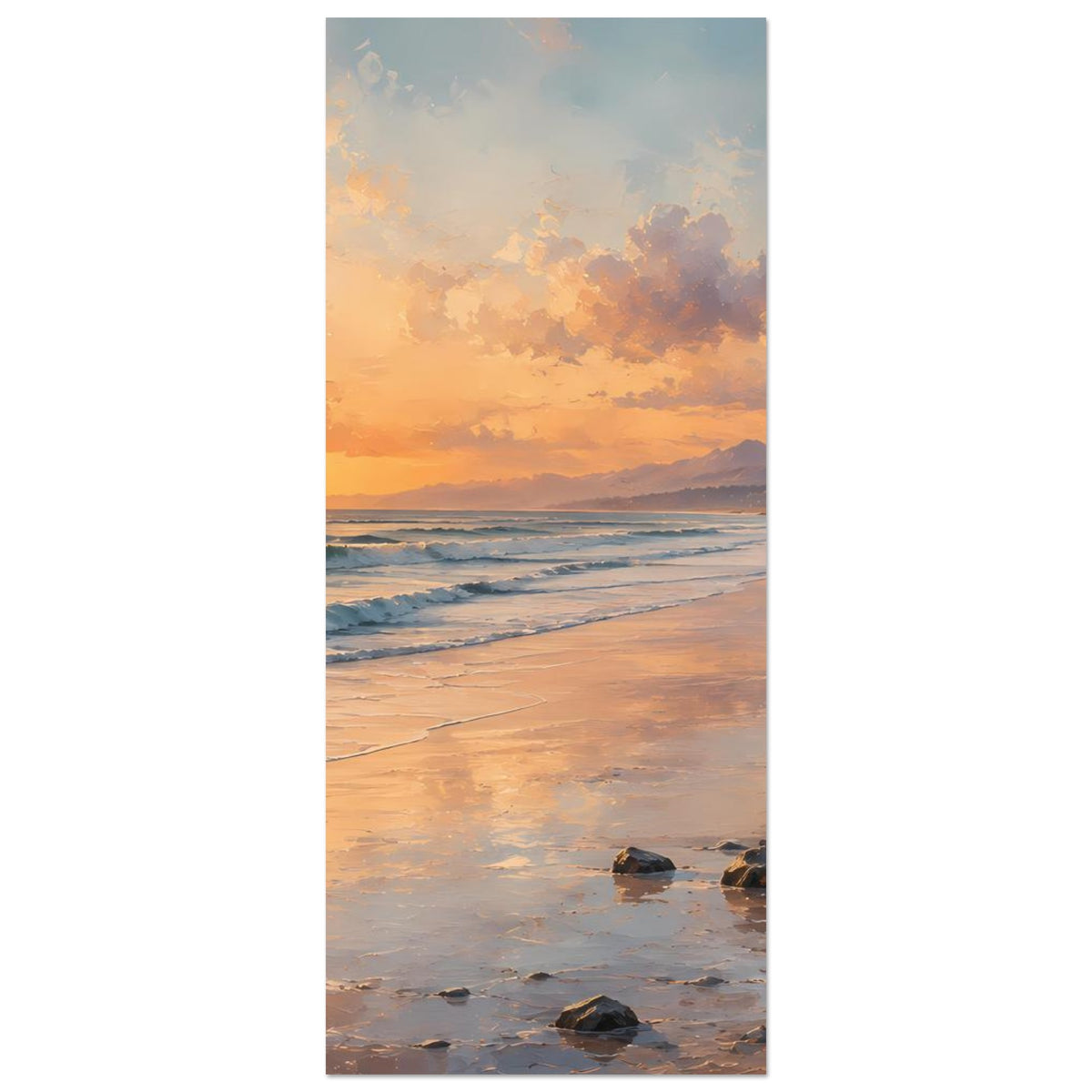 Strandposter im Hochformat: Sonnenuntergang über Strand, Wellen und Steine am Ufer