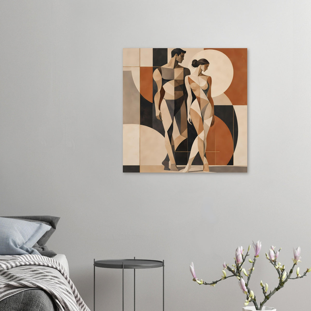 Kleines Kunstposter mit geometrischen Aktfiguren eines Paares in Erdtönen, Querformat