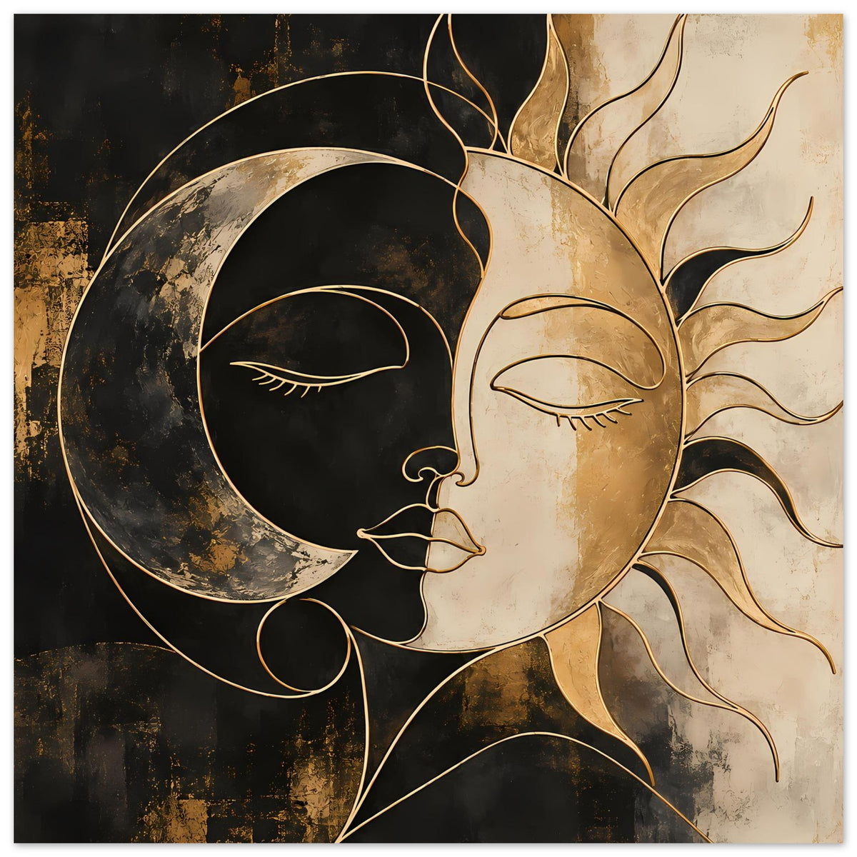 Hochformat-Kunstposter mit dualem Gesicht aus Halbmond und Sonne, geschlossene Augen, Gold