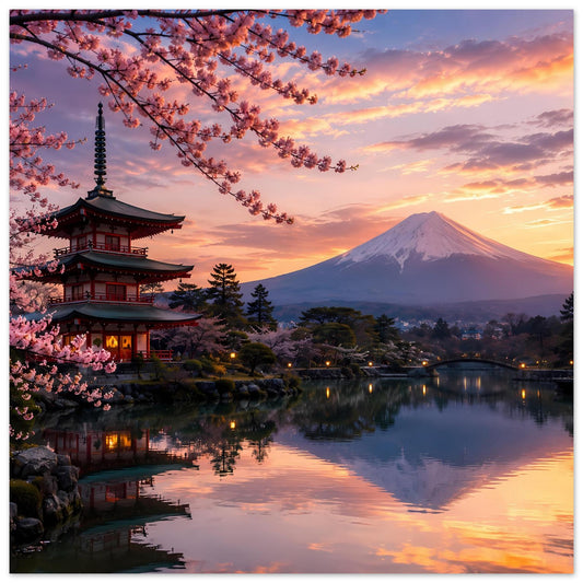 Zen-Poster mit Kirschblüten, Tempel und Fuji im Abendlicht, Spiegelung im Wasser