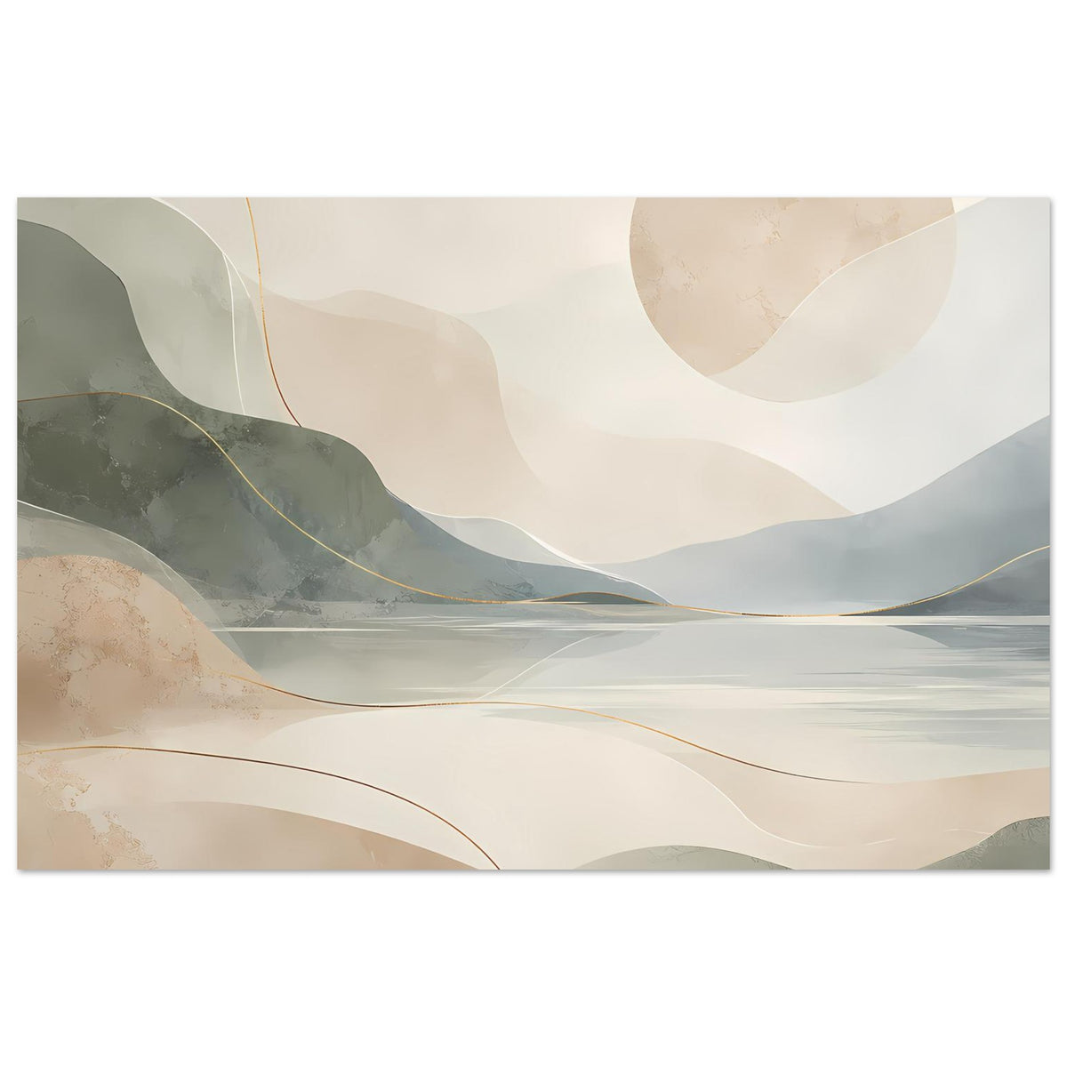Abstraktes Poster mit Berg- und Seenlandschaft in Beige, Grau-Grün und goldenen Linien