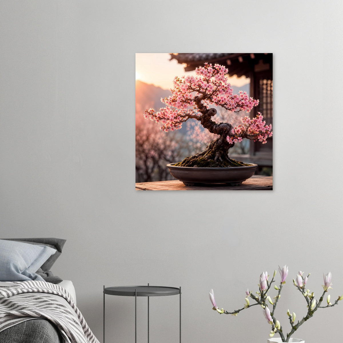 Wandposter mit Bonsai-Baum und rosa Blüten in dunkler Schale