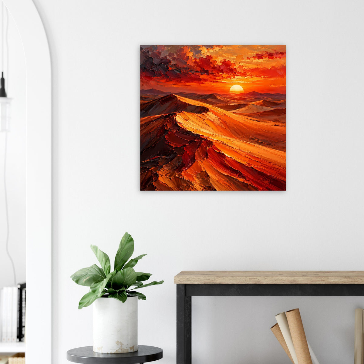 Quadratisches Poster mit Wüstenlandschaft, orange Sonne im Sonnenuntergang, rote Dünen