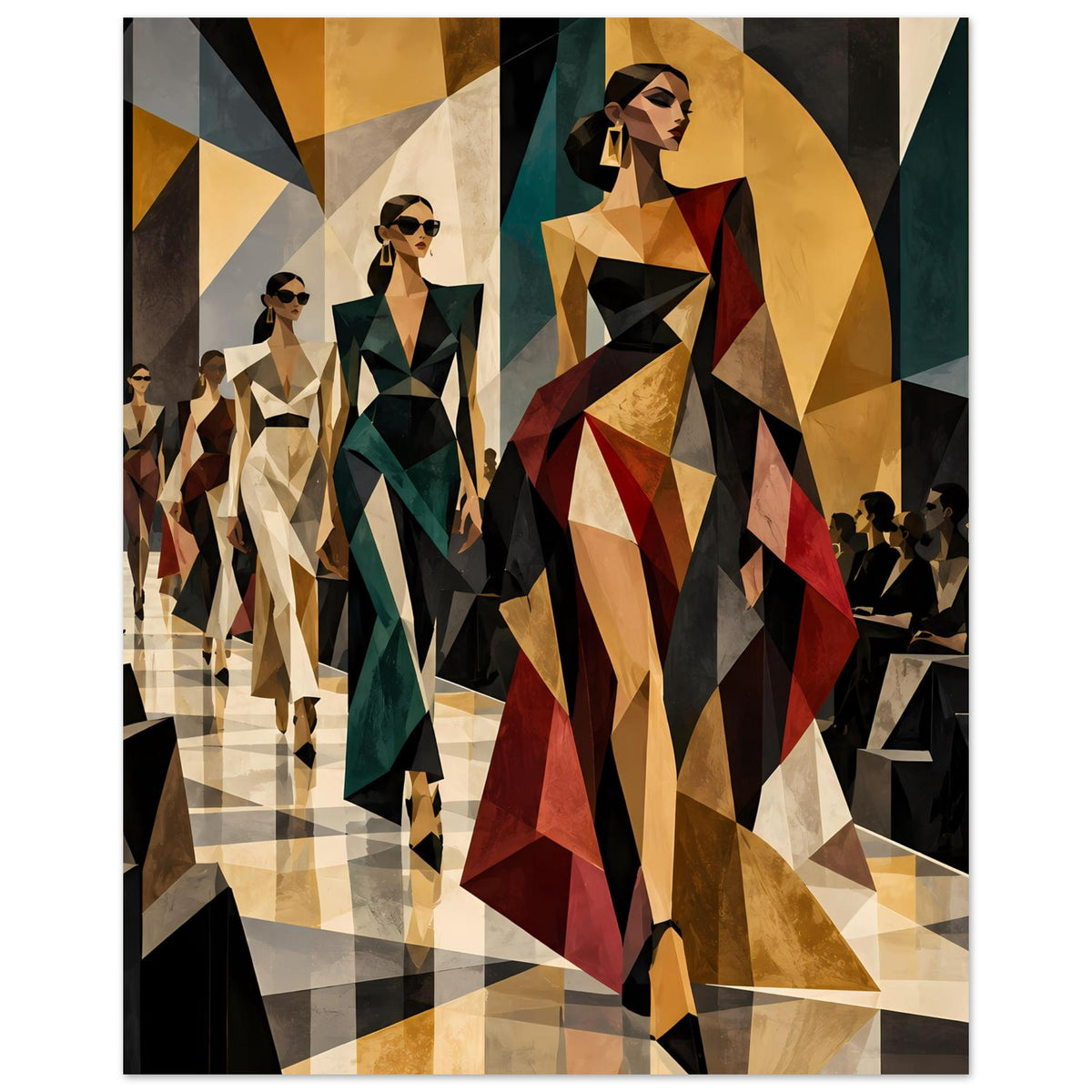Modeposter mit geometrischer Galerieansicht: Modellsilhouetten in Gold-, Grün- und Beigetönen