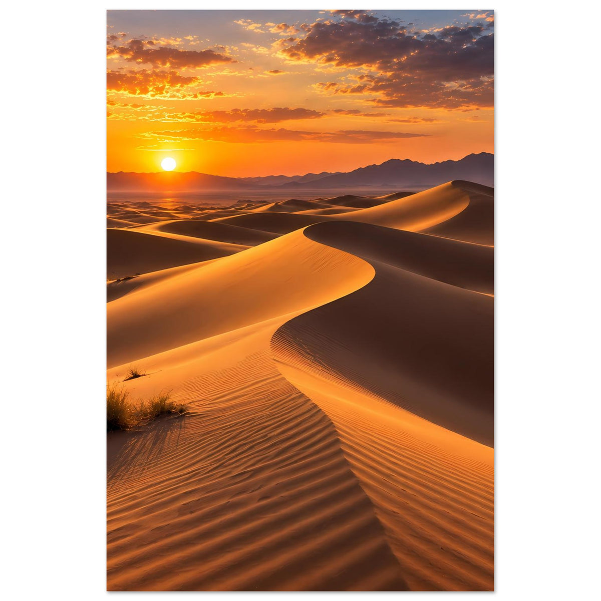 Poster mit Wüstenlandschaft: Sanddünen bei Sonnenuntergang, warme Orange-Töne