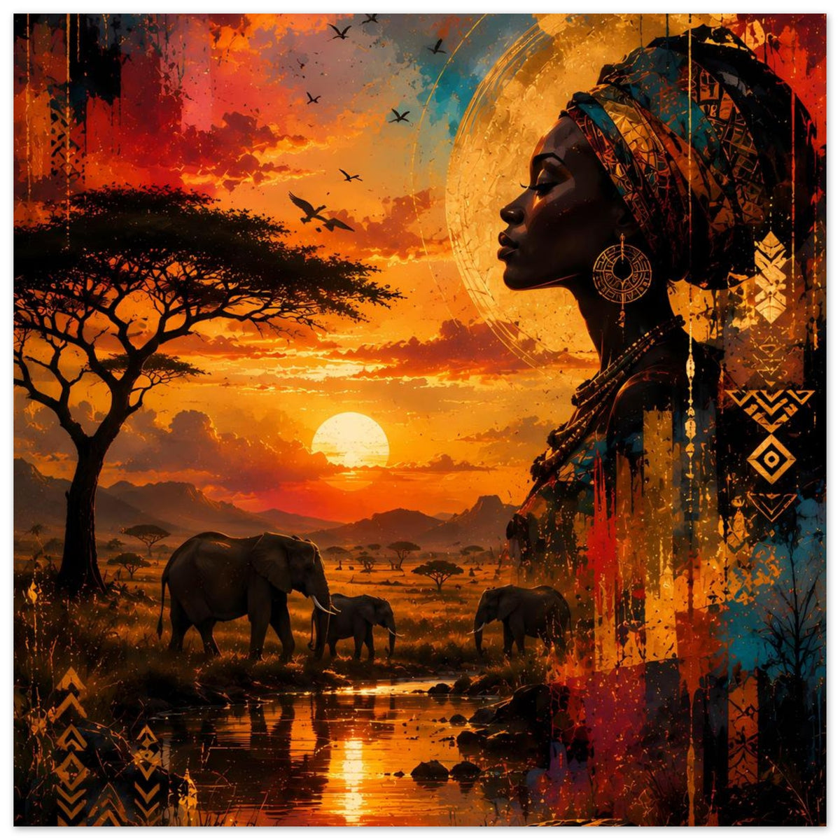 Poster: afrikanische Frau im Profil mit Schmuck, Sonne über Savanne, Elefantenherde