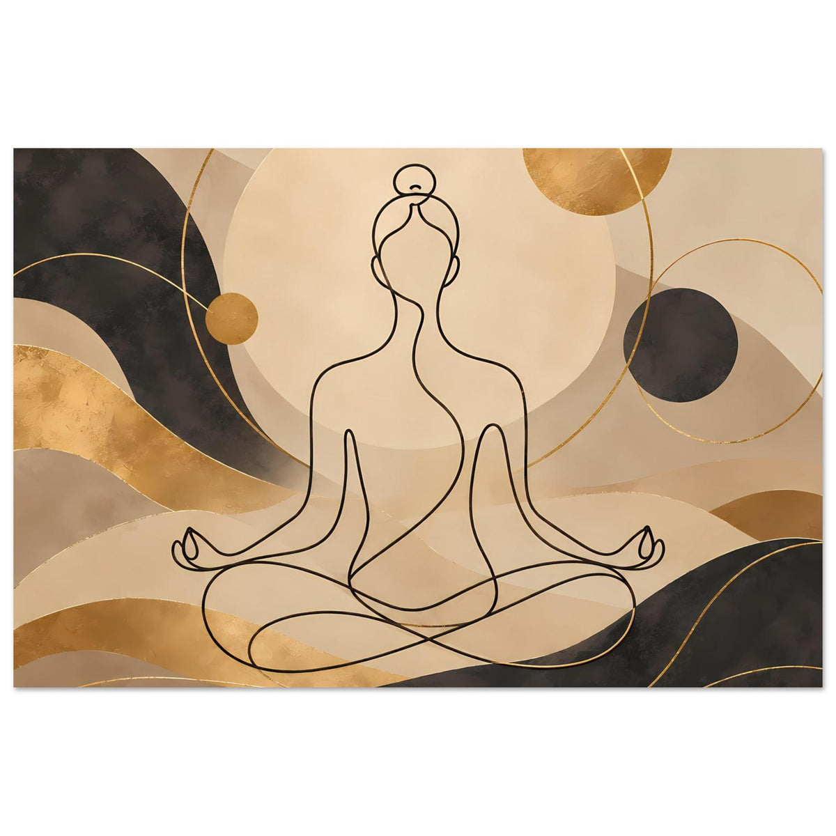 Goldener Kunstdruck mit Meditationsfigur im Schneidersitz und goldenen, schwarzen Kreisformen
