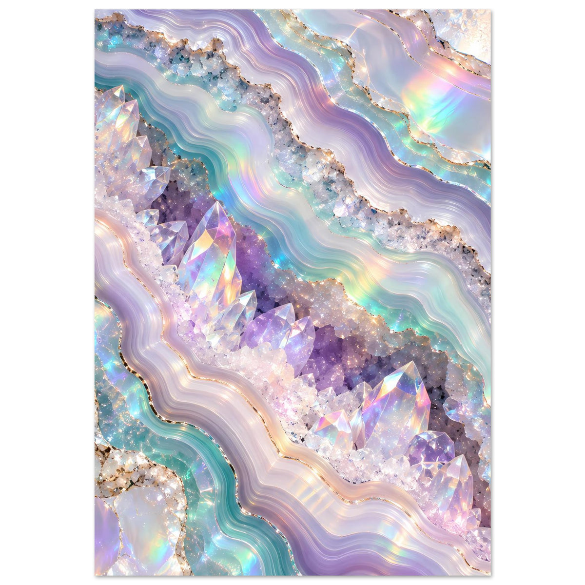 Holografisches Geode-Poster mit funkelnden lila Kristallen, silbrigen Rändern und pastellfarbenen Strömungen