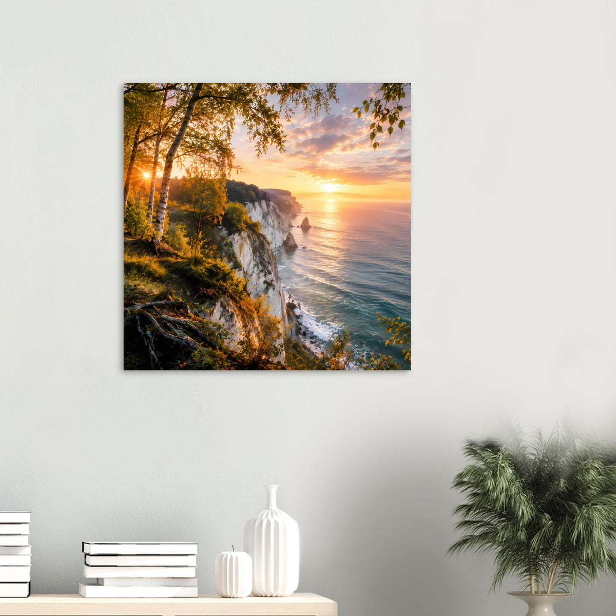 Küstenlandschafts-Poster: Sonnenuntergang über Meer, Felsgrat, im schwarzen Rahmen