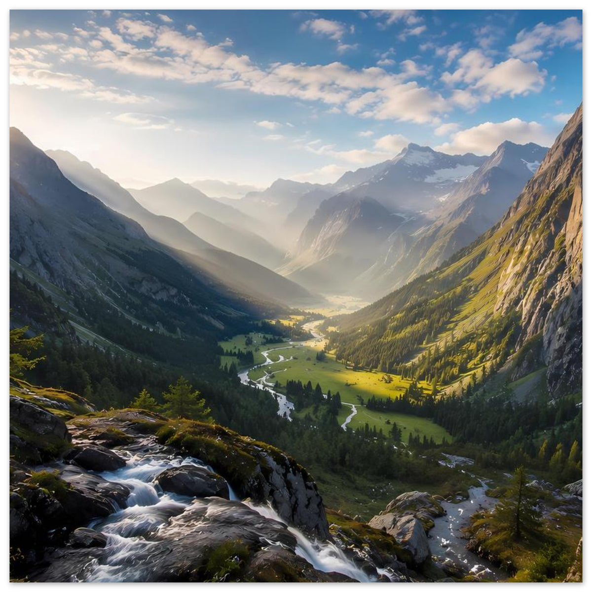 Poster mit Alpen-Tal, Bachlauf, grünen Wiesen und Bergen im Sonnenlicht